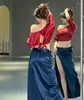 무대웨어 여성 크롭 탑 슬릿 스커트 세트 섹시한 불규칙한 벨리 댄스 의상 춤 수업 연습 의류