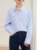 Women's Blouses QOERLIN Womens Long Sleeve Button Up Blue Shirts Irregular Striped Blouse Loose Fit Casual Office Ladies Tops S-XL