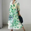 Casual Dresses Women's Shirt Autumn and Winter Lady Button Peacock Print långärmad V Neck Loose Holiday Midi Lapel Sun