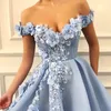 Ljusblå av axel prom klänning 3d blomma spetsapplikationer balklänningar för tjej elegant formell kvinnoklänning