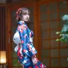 Vêtements ethniques Style japonais traditionnel Kimono bleu couleur belle chaton imprime classique Yukata scène performance robe cosplay porter