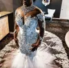 Прозрачный сетчатый топ, кружевные свадебные платья русалки 2023, тюль, кружевная аппликация, кристаллы из бисера, длинные рукава, свадебные платья со съемным шлейфом
