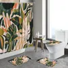 Rideaux de douche 4pcs rideau de feuille de palmier vert plante tropicale fleur aquarelle feuilles tapis de bain antidérapant couverture de toilette tapis de salle de bain tapis