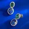 Oval Sapphire Emerald Diamond Dangle Earring 100% Real 925 Sterling Silver Wedding Drop Earrings For Women Bridal Jewelry Gift