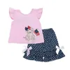 Комплекты одежды для маленьких детей, комплект из хлопковой розовой футболки с круглым вырезом, верхняя одежда с вышивкой собаки для девочек и черные шорты с принтом звезд, костюм с бантом