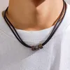 Collana Orecchini Set Ankh Anelli Ciondolo per donna Uomo Cravatta Nodo Corda di cera Girocollo Catena in pelle PU nera