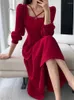 Casual Dresses Korean Fashion Women Vintage A-Line Party Dress Elegant and Chic Solid Birthday One Pieces Vestidos Red Prom Female Robe