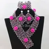 Halskette Ohrringe Set Fuchsia Afrikanische Hochzeitsperlen Schmuck Silber Nigerianisches Kristallarmband vergoldet AIJ485