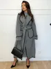 Gabardina larga acolchada de mezclas de lana para mujer, abrigo gris con cinturón y puntada abierta, chaquetas de calle a la moda 231027