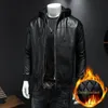 Men's Leather Faux Leather High Quality Men's Leather Jackets Hoodie Thicks Zipper Long Sleeve Hat Detachable Elastic Motorcycle Coats 231027