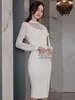 Casual Dresses Elegant Office Lady Dress White Chiffon O-Neck Ruffle Edge Full Sleeve High Waist Tight Fit Temperament Party Women