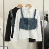 Women's Blouses Two Pieces Of Casual Turn-down Collar Lapel Single Long Sleeve Women Shirts Spaghetti Strap Versatile Denim Camis Drop