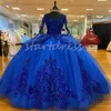 Abiti Quinceanera con paillettes blu royal di lusso Abito da ballo sexy con scollo a V Manica lunga Abito da ballo per debuttante Elegante Bballkleider Savistidos Abiti De Xv Vestido De 15 Anos