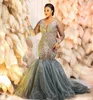 Party Dresses Luxury Grey Beads Sequin Africa Evening Elegant Sheer Neckles Long Sleeve Ruffled Tulle Mermaid Dress