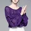 Damesblouses Elegante Mode Bladerdeegmouwen Heldere Zijde Chiffon Blouse Dameskleding Lente Sexy Slash Neck Los Casual Shirt Vrouwelijk X626