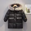 Manteau d'hiver en duvet pour enfants, noir et or, grand col en fourrure, épais, à la mode, pour garçons et filles, veste moyenne