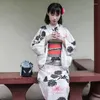 Ethnische Kleidung, weiblich, traditioneller Kimono, Leinenimitat, formelle Kleidung, Yukata, Chrysantheme, Länge 135 cm