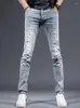 Jeans masculinos luz azul rasgado casual fino ajuste calças de perna reta streetwear estiramento denim calças cp2189