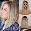 Synthetische pruiken Pruik Medium Recht Gelaagd Ombre Bruin tot lichtblond Middengedeelte Voor Dames Cosplay Hittebestendig Natuurlijke lijm Dr Dh4D7