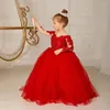 Girl Dresses 2023 Red Flower Girls Bow Appliques Backless Lace Fluffy Round Neck With Long Sleeves Beautiful Bridesmaid Birthday