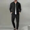 Men's Tracksuits Lapel Slim Fitting Male Coat Waffle Zipper Pocket Long Sleeved Sportswear Man Cardigan Jacket Set Pants Elegant Clothing