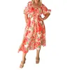 Lässige Kleider Damen Elegantes A-Linien-Maxikleid mit V-Ausschnitt, Flatterärmeln und Blumendruck, perfekt für Sommer-Strandbekleidung