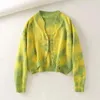 Mulheres Malhas CWomen Outono Asual Tie Dye Oversized Long Batwing Manga Cardigan Inverno V Pescoço Único Breasted Camisola De Malha Casaco Feminino