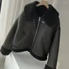 Vestes pour femmes Fourrure intégrée épaissir veste chaude femmes col rabattu poche fermeture éclair rue moto double manteau dame vêtements d'extérieur cadeaux