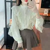 Women's Blouses Ruffled Stitching Lace Shirts Women Fashion Mesh Crochet Loose Casual Tops Stand Collar Long Sleeve Blouse Woman Elegant