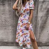 Casual Dresses Spring Fashion Temperament Women's Sexy Print V-ringen Split Oregelbundet liten fragmenterad blommaklänning för kvinnor 2023