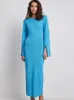 Casual Jurken Dames Gebreide Maxi-jurk Mode Blauw Patchwork Elegant O-hals Split Lange mouwen Slank 2023 Lady Solid Party Club Gewaad