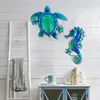 Oggetti decorativi Figurine Metal Blue Turtle Seahorse con arte della parete di vetro per casa decorativa oceano a tema ocean