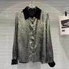 Women's Blouses 2023 Autumn Velvet Splice Collar Liquid Metal Shirt Long Sleeve Silver Gold Oversized Button Down Blouse