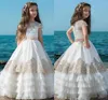 Vestidos da menina vestido de flor branca para casamento renda tule manga curta em camadas crianças vestidos de baile primeira comunhão beleza pageant