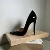 Talons hauts de marque de styliste pour femmes, bout pointu, fond rouge brillant, 8cm, 10cm, 12cm, noir, nu, ceinture brevetée, sac anti-poussière 34-44