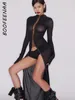 Casual Dresses Boofeenaa Se genom Mesh Black Dress Sexy Night Club Outfits For Women Hollow Bandage Long 2023 Fall Fashion C95-CF22