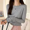 Camisetas para mujer, camisetas rosas de estilo coreano, camisa de manga larga para mujer, Tops cortos con cuello redondo, ropa informal de otoño 2023 para mujer