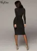 Urban Sexy Dresses Hugcitar Shiny Long Sleeve High Waist Slim Midi Dress Autumn Winter Women Fashion Bodycon Party Elegant Clothes