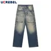 Jeans masculinos retro lavado lama amarelo perna reta mens high street multi-bolso carga denim calças homens