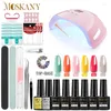 Kits de arte de unhas Moskany 20/6pcs Gel Polonês Conjunto com lâmpada UV Nu Semi Permanente Híbrido Verniz Base Top Coat Soak Off LED