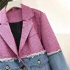 Kvinnors kostymer vintage Plaid Splicing Loose Denim Blazer Women Korean Big Pocket Suit Collar Ytterkläder Kvinnlig lapptäcke Jeans Jackelägg