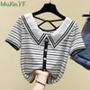 Kvinnors T-skjortor Crop Top Summer Cotton Doll Collar Randig Kort ärm T-shirt 2023 Korean Slim All-Match Casual Bluskläder