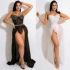 Robes de travail 2023 Appliques Sexy Club Party Style Femmes Costume Combinaisons sans manches Élastique Fourche Ouverte Longueur Jupe Dentelle Dame 2 Pièces Ensemble