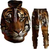 Herrspåriga Spring Spring och Autumn Hoodie Set 3D Tryckt skog Tiger Fashion Casual Sports Men Street Wear Pants Pants