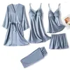 Vêtements de nuit pour femmes Summer Lady Pyjamas Ensembles Dentelle Satin PJS Costume de sommeil Sexy Col en V Coussinets de poitrine Pijamas Home Nightwear Lingerie Intime