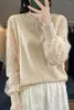 Camisetas femininas primavera e outono renda manga comprida lã penteada design elegante chinês em pé pescoço de malha top