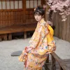 Ethnic Clothing Women's Cosplay Wear Japan Traditional Summer Yukata Yellow Color Fan Lovely Prints Kimono Po S