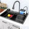 Kitchen Sinks Waterfall Sink Rostfritt stål Stort Modern Mtification Nano Svart med kran 230616 Drop Delivery Home Garden Build Dhwzy