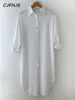 Abiti casual CJFHJE Colletto POLO Abito a fessura monopetto Camicia di lino in cotone sciolto moda francese maniche lunghe Donna bianca