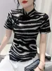 Koszule damskie Winterwener Streetwear Tshirt Short Sleeve Elastery Tees Women Sexy Stand Lopard Print Slim Mesh Tops Summer T37541QM